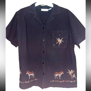 Dressbarn Women’s Black Embroidered Zebra Button-Up Shirt 1X 100% Cotton